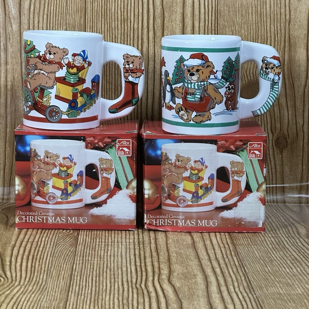 Vintage Alco Fancy Handle Teddy Bear Ceramic Christmas Mug in Box Set Of 2‎